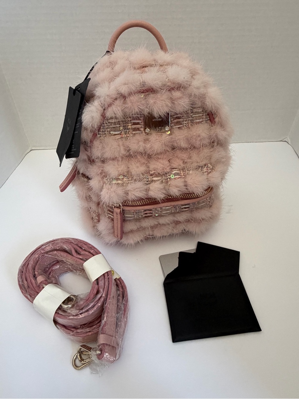 MCM Blush Pink Faux Fur Mini Backpack with Gold Hardware